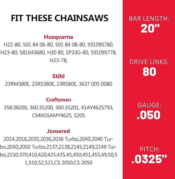 E & S 3 Pack 20 Inch Chainsaw Chain .325" Pitch .050" Gauge 80 Drive Links Semi-Chisel Chain Saw Chains for Husqvarna, Poulan, Craftsman, Greenworks and More Chainsaw Brands