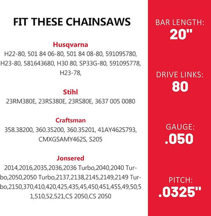 E & S 3 Pack 20 Inch Chainsaw Chain .325" Pitch .050" Gauge 80 Drive Links Semi-Chisel Chain Saw Chains for Husqvarna, Poulan, Craftsman, Greenworks and More Chainsaw Brands