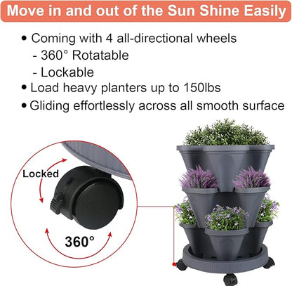 GameXcel Vertical Planter 3 Tier Stackable Planters Garden Planters Strawberry Herb Flower and Vegetable Planter Indoor Outdoor Gardening Pots with Removable Wheels and Tools
