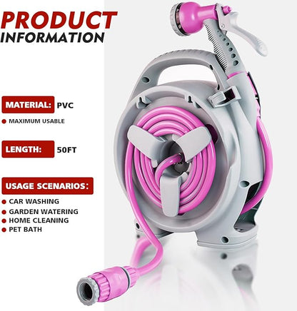 50FT Retractable Garden Hose Reel, Lightweight & Portable Hose Reel with 6 Patterns Spray Nozzle, Suitable for US Standard Hose Connection