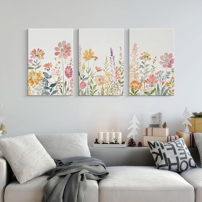 Framed Watercolor Wildflowers Canvas Wall Art Colorful Floral Poster Picture Vintage Country Painting Nature Landscape Modern Home Print Living Room Gallery Office Ready to Hang 16x24 Inch x3