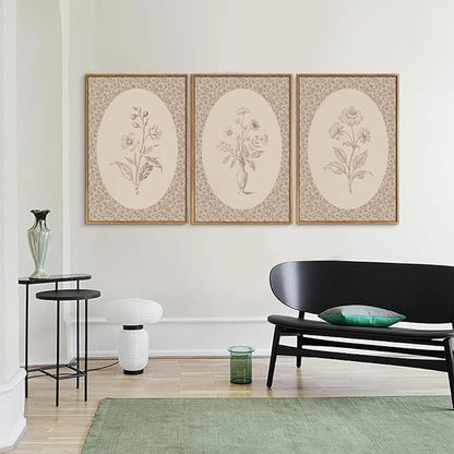 Rantodecor Vintage Flower Framed Canvas Wall Art Triptych, Rustic Floral Wall Decor, Retro Sketch Botanical Art Paintings, Antique French Cottage Artwork for Girls Bedroom Living Room Bathroom 16"x24"