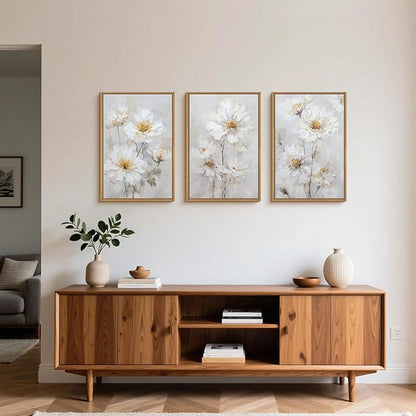 Aryroi Watercolor White Daisy Wildflower Framed Canvas Wall Art Set,Modern Natural Beige Floral Wall Decor,Minimalist Dreamy Flower Botanical Artwork For Living Room, Bedroom,Farmhouse-16 x24 x3