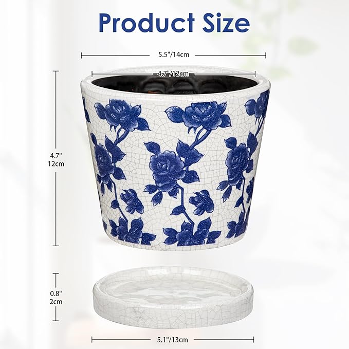 Ceramic Pot for Indoor Plants - 5.5 inch Flower Pot for Plants with Drainage Holes and Saucer Ice Crack Diamond Rose Flower Pattern Ceramic Planter for Outdoor Indoor Herb Snake Plant (Blue & White)