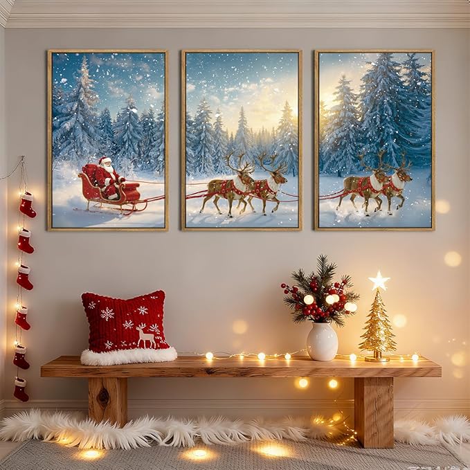 Framed Christmas Wall Art Santa Claus Wall Art Santa Winter Artwork for Living Room Bedroom Dining Room 12x16 Inches Set of 3