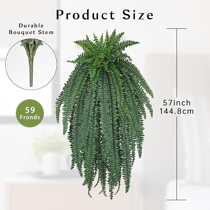 Ferns Fake Plants 59 Fronds Artificial Plants Outdoor 57" Long Fake Fern Look Real Large Plant Artificial Ferns Potted | Hanging Boston Fern | Fake Plant Shrubs for Home Garden Porch Farmhouse Decor