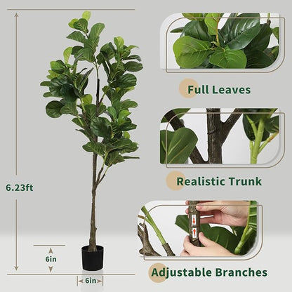 6.23ft Ficus Artificial Fiddle Leaf Tree, Lifelike Faux Lyrata Trees, Green Lush Fake Fig Tree Floor Tall Plants for Office Home Living Room Indoor Outdoor Modern Decor, Perfect Housewarming Gift