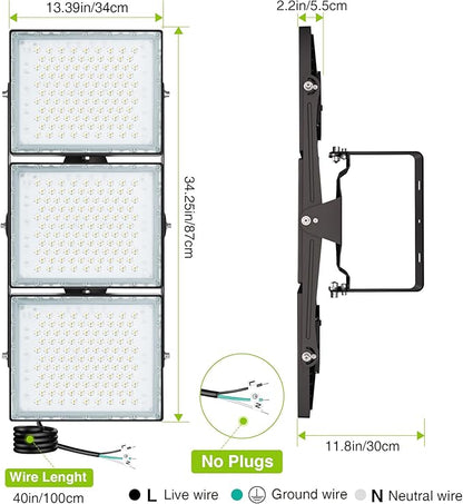 LED Flood Light Outdoor, STASUN 900W 90000lm 6000K Daylight White IP66 Waterproof, Commercial Parking Lot Light,3 Heads for Yard Street Stadium House Floodlight Bright Security Lights for Outdoor Area