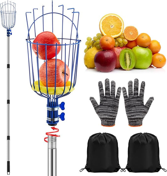 22.5ft Adjustable Fruit Picker Pole with Basket Long Handle with Storage Bag and Gloves Fruit Picker Equipment for Lemons Apples Avocados Picking (Blue)