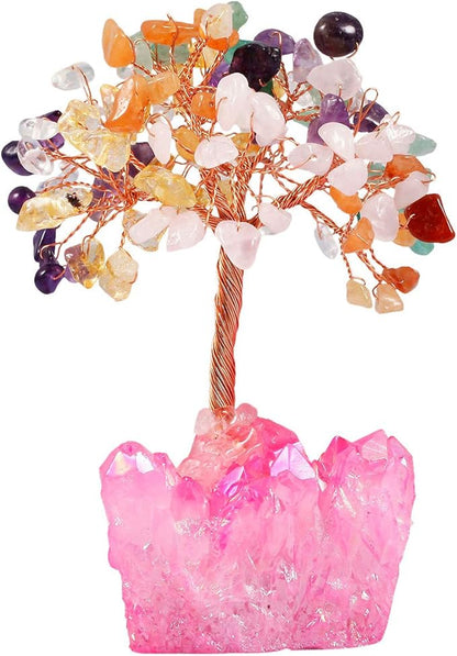 mookaitedecor Colorful Crystal Tree, Quartz Cluster Fuchsia Titanium Crystals Base Bonsai Money Tree for Wealth and Luck