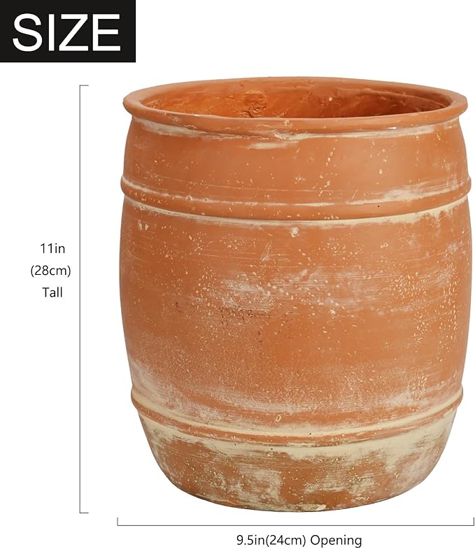 11" Tall x 9.5" Wide Aged Terracotta Clay Planter Pot - Heavy-Duty Concrete-Like Durability, Clay Soil-Friendly Drainage Hole, Rustic Garden Flower Pot for Indoor/Outdoor Use, Succulents, Herbs, Trees