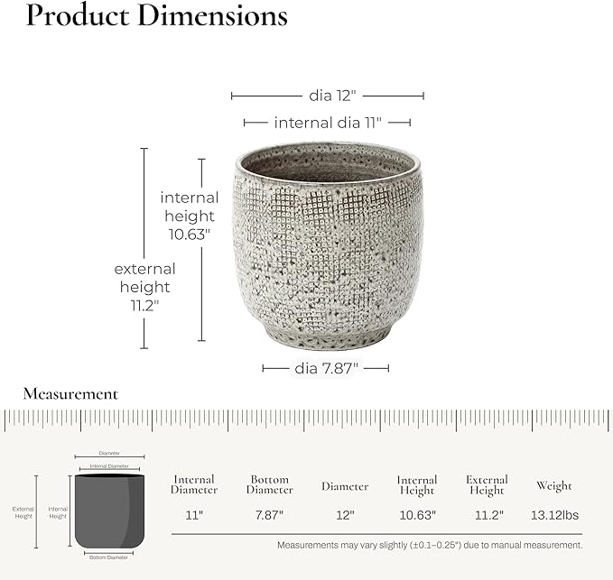 LuxenHome 12-Inch Large Ceramic Pots for Plants, Modern Gray Grid-Pattern Glazed Ceramic Planters Pots for Outdoor Plants with Drainage Hole and Plug, Round Indoor Flower Pot for Home Garden Patio