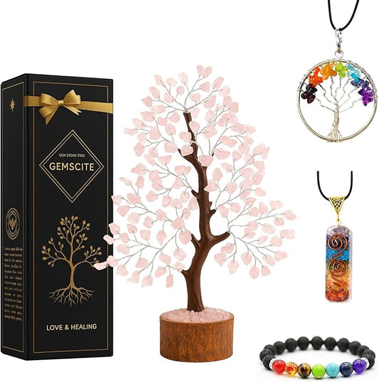 Rose Quartz Silver Wire Artificial Bonsai Tree – Crystal Healing Gem Tree for Love, Peace & Decor