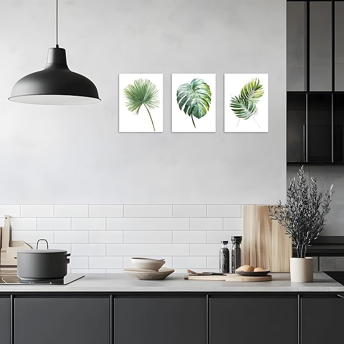 TutuBeer 3 Panels Botanical Plant Wall Art Green Plant Picture Neutral Botanical Wall Prints Aesthetic Leaf Picture for Living Room Kitchen Hallway Bedroom Ready to Hang Each Panel 12"X16"