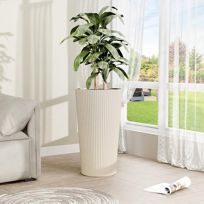 FONTOI 23.6" Tall Planter for Outdoor Plants Set of 2 Large Outdoor Plastic Striped Flower Pots, Front Porch Furniture, Garden Pots, Decorative Planters for Indoor/Outdoor, Patio, Balcony, Beige