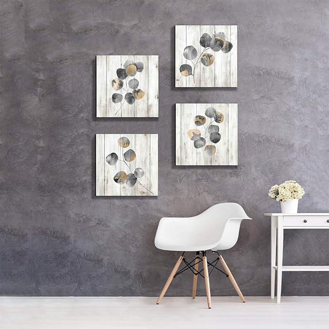 Leaf Canvas Picture Wall Art: Botanical Plant Leaves with Wooden Texture Painting Artwork for Bedrooms Kitchen (16" Wx16 Hx4 PCS, Multi-Sized)