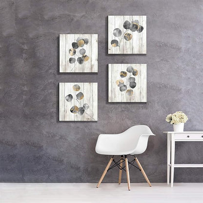 Leaf Canvas Picture Wall Art: Botanical Plant Leaves with Wooden Texture Painting Artwork for Bedrooms Kitchen (16" Wx16 Hx4 PCS, Multi-Sized)