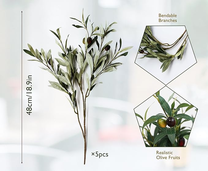 5PCS Artificial Olive Branches for Vases 18.9 Inch Faux Olive Tree Stems with Fruits,Fake Plants Greenery Leaves for Home Decor Weddings Party Floral Arrangement