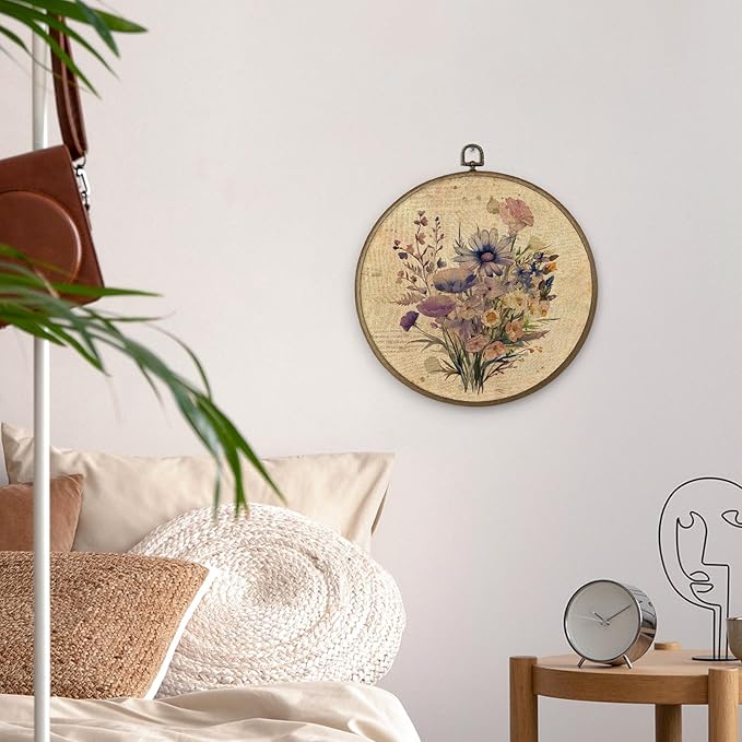 MAQIKA Vintage Flower Framed Wall Art Decor, Wildflower Wall Art, Farmhouse Botanical Round Wall Hanging Decor, Boho Purple Floral Canvas Prints Wall Art for Dorm Room Kitchen Bathroom, 10x10 Inch