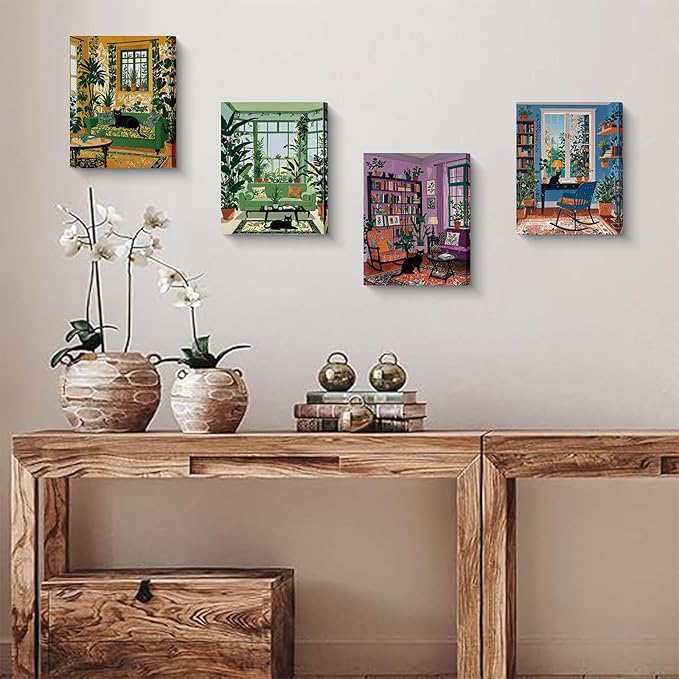 Framed Botanical Garden Living Room Wall Art, Black Cat and Plants Reading Room Home Decor, 4 Piece Canvas Prints 8 x 10 Inch