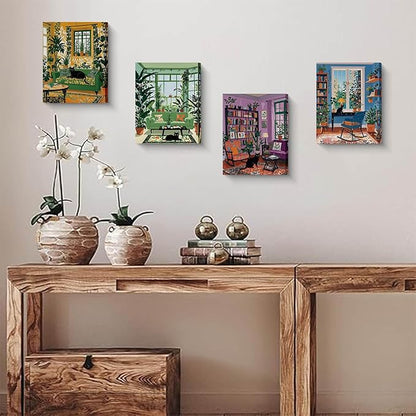 Framed Botanical Garden Living Room Wall Art, Black Cat and Plants Reading Room Home Decor, 4 Piece Canvas Prints 8 x 10 Inch