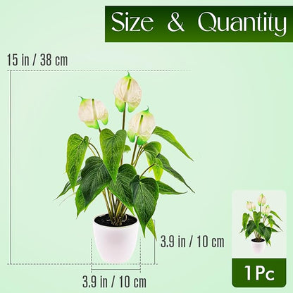 Folmywy Artificial Flower Plants 15 inch Faux Simulation Anthurium White in Plastic Pot Real Touch Fake Flowers Bonsai Decor Garden Balcony Entranceway Living Room Indoor