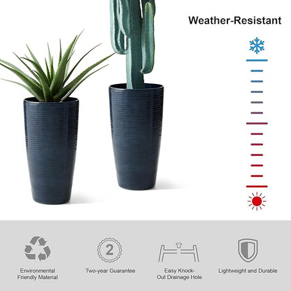 Glitzhome 22.5"H Oversized Tall Plnters, Large Planters for Outdoor Plants, Faux Ceramic Textured Turquoise Tall Planter with Drainage Holes, Large Flower Pots for Porch Outdoor Indoor Garden,Set of 2
