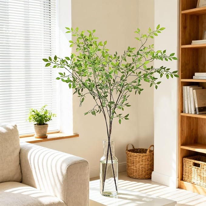 43.3 Inch Green Nandian Fake Plants 2 Pcs Greenery Stems for Vase Decor, Artificial Plants Faux Branches for Vase Filler Fake Leaves Office Home Decor