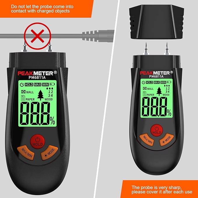 Wood Moisture Meter, with battery and LCD display, suitable for quick determination of moisture content of many types of logs, paper, plywood, plaster walls, floor coverings, etc.