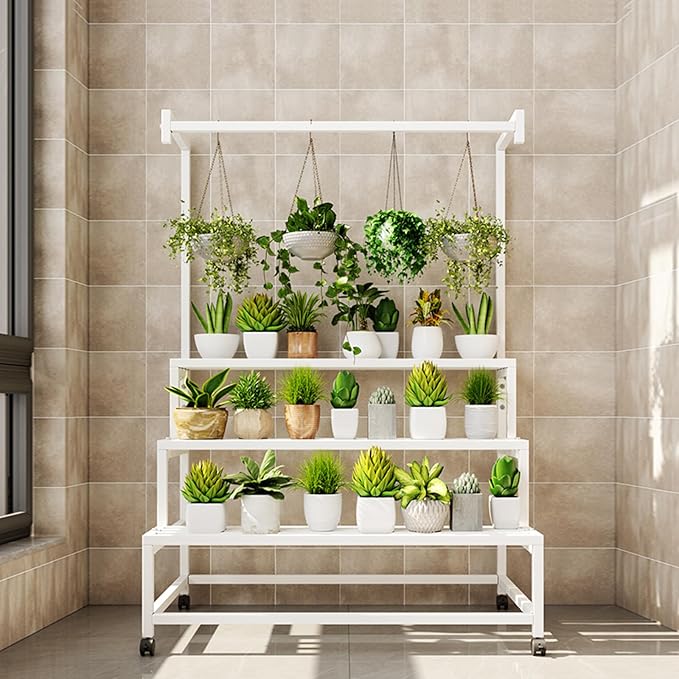 3 Tier Large Metal Plant Stand, with Hanging Tall Plant pot shelf, with Rollers Heavy Duty Plant Holder, for Home/Garden/living room/balcony (BLACK, 31.5IN)