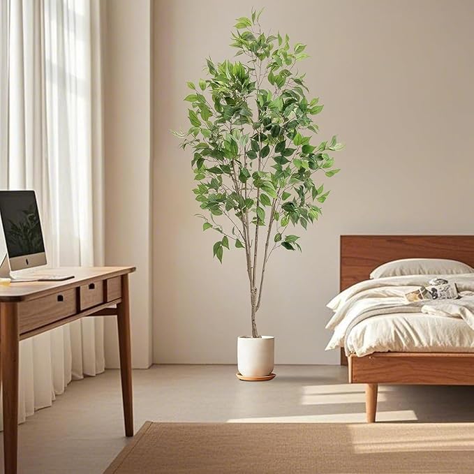 Artificial Fake Ficus Tree 6FT Tall 1Pack with White Planter & Free Moss, Artificial Plants Indoor, Artificial Trees for Home Decor Indoor, Faux Ficus Tree