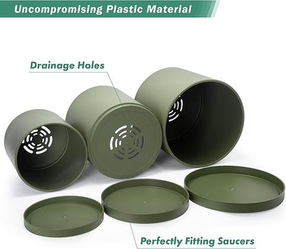 D'vine Dev 6.5 Inch 8 Inch 10 Inch, Set of 3 Plastic Planter Pots for Plants with Drainage Hole and Seamless Saucer, Olive, Large, 74-V-I-4