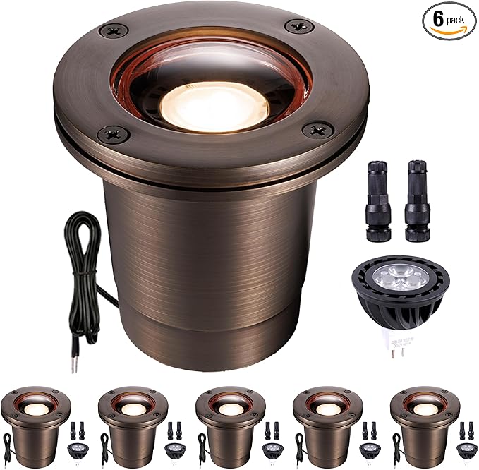 Gardenreet Brass Low Voltage Outdoor Well Lights - IP67 LED In-Ground Light, 12V All Weather Wired Landscape Lighting, Antique Bronze for Lawn Pathway Patio with 2700K Warm MR16 Bulb (6 Pack)