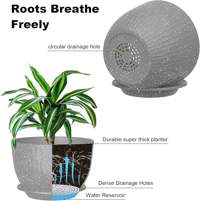 12/10/9 Inch Planter Pots, 3-Pack Large Flower Pots for Indoor Outdoor Garden Plants, Big Plant Pots with Multi Mesh Drainage Holes and Saucer (Speckled Grey, 12"+10"+9")
