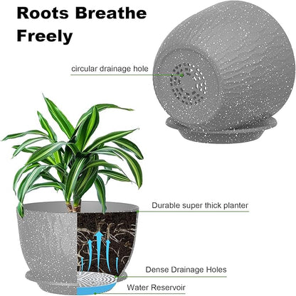 12/10/9 Inch Planter Pots, 3-Pack Large Flower Pots for Indoor Outdoor Garden Plants, Big Plant Pots with Multi Mesh Drainage Holes and Saucer (Speckled Grey, 12"+10"+9")