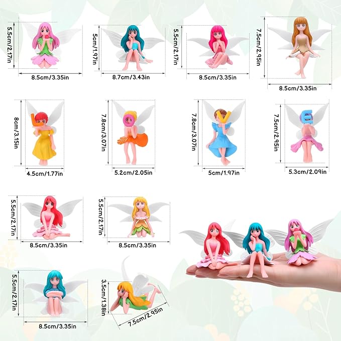 12 Pcs Miniature Fairy Figurines, Hand-Painted Small Flower Fairies with Wings for Garden Decor, Cake Topper & Landscapes