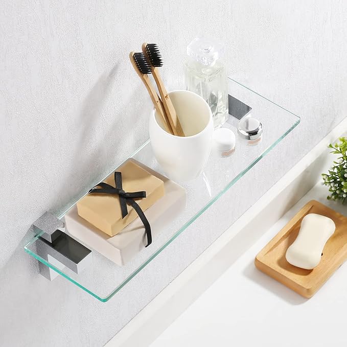 KES Bathroom Shelf Tempered Glass Shelf, 20 Inch Rectangular Glass 8mm-Thick Extended Wall Mount Polished Chrome, BGS3201