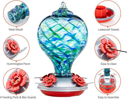 Muse Garden Hummingbird Feeder Hand Blown Glass Decor for Backyard, Gift for Hummingbird Lovers, Unique Gardening Gift (Blue Mermaid) 32OZ