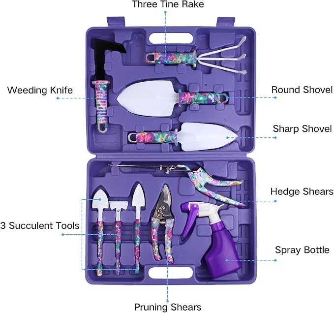 Garden Tools Set, JUMPHIGH 10 Pieces Gardening Tools with Floral Print, Ergonomic Handle Trowel Rake Weeder Pruner Shears Sprayer, Garden Hand Tools with Carrying Case Gardening Gifts for Women Father