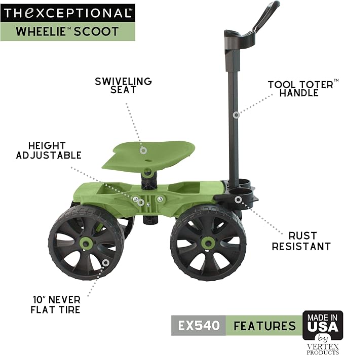 TheXceptional Wheelie with Tool Toter Handle | American Made Rolling Scoot and Tool Rack | Garden Cart with Seat | Made in USA by Vertex | Model EX540