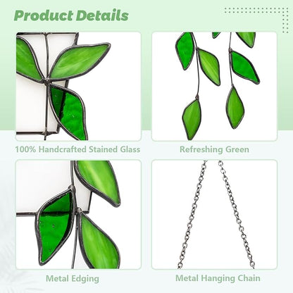 Green Plant Stained Glass Window Hanging,Handcrafted Real Stained Glass Panel Plant Suncatchers for Home Indoor Window Decor, Gifts for Plant Lovers,Women,Mother's Day,Christmas Day