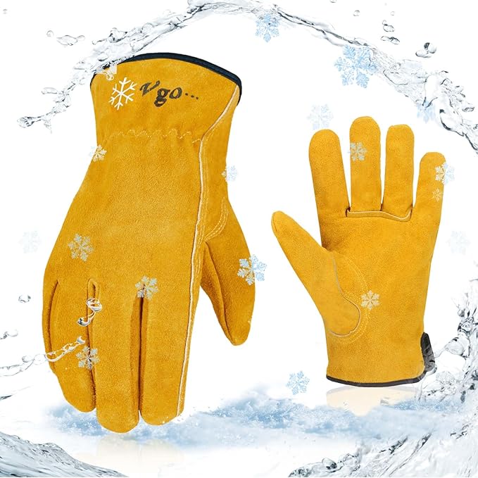 Vgo... 1-Pair 32℉ or above Winter Lined Cowhide Split Leather Work and Driver Gloves, For Heavy Duty/Truck Driving/Warehouse/Gardening/Farm/Cold Storage(Size L, Gold, CB9501F)