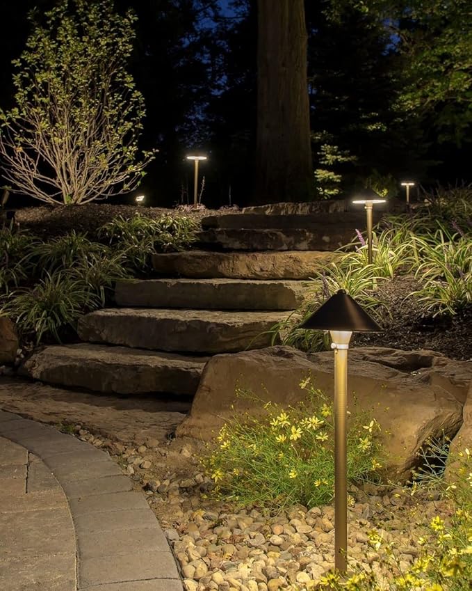 VOLT Conehead 12V Brass Path Light (7" Shade, 25" Tall) for Low Voltage Landscape Lighting on Outdoor Pathway, Walkway, Garden, Driveway or Patio