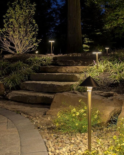 VOLT Conehead 12V Brass Path Light (7" Shade, 25" Tall) for Low Voltage Landscape Lighting on Outdoor Pathway, Walkway, Garden, Driveway or Patio
