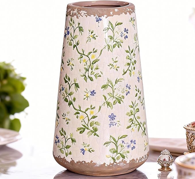 Vintage Ceramic Vase, Tuscan Crackle Glaze Small Flower Vase with Blue and Beige, Rustic Retro Table Vases Decor for Farmhouse Living Room, Bookshelf, Office, Grand Millennial