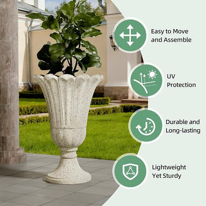 23.6" Tall Plastic Urn Planters for Outdoor Plants with Drainage Holes & Petal Design, Set of 2 Sturdy Base Classic Indoor Large Flower Pots, Outdoor Planters for Porch/Home, Yellow Beige