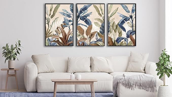 Large Framed Botanical Wall Art - Tropical Leaf Wall Decor 32"x48" Set of 3 Beige Boho Art Prints Minimalist Palm Painting Rustic Plant Canvas Pictures for Living Room Bedroom Office Artwork