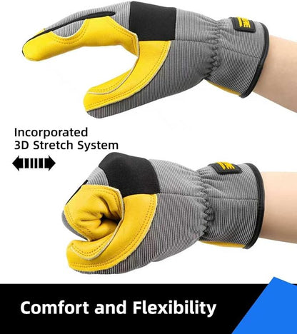 DULFINE Cow Leather Palm Mechanic Work Gloves for Men & Women,Flexible Breathable Fit-Padded Knuckles,Ideal for Construction Yardworks DIY