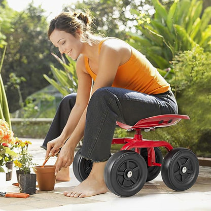 Garden Cart with Seat, Heavy-Duty Rolling Outdoor Wagon Scooter w/Height Adjustable & 360° Swivel Seat, Gardening Work Seat Stool, Patio Scooter on Wheels for Lawn Yard Planting(Red)