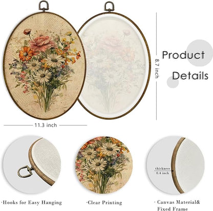 MAQIKA Vintage Floral Oval Framed Wall Art Decor, Botanical Canvas Prints, Farmhouse Flower Oval Wall Hanging, Boho Wall Art for Living Room Bedroom Kitchen, 8.7x11.3 Inch